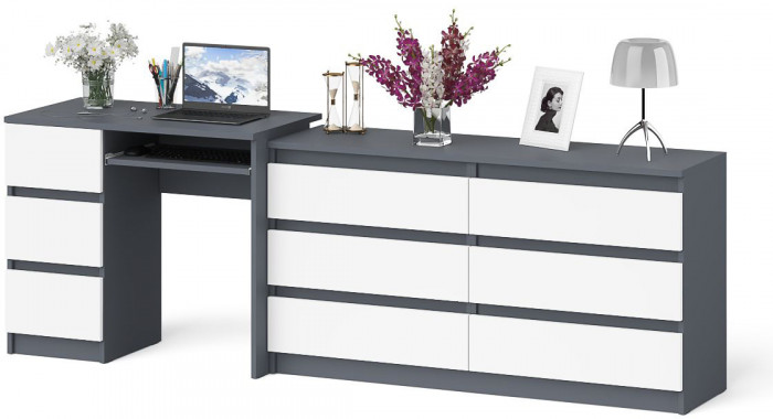 Мори Стол компьютерный МС-6 левый + Комод МК1380.6, цвет графит/белый, ШхГхВ 228х50х76,6 см., выдвижные ящики слева, НЕ универсальная сборка