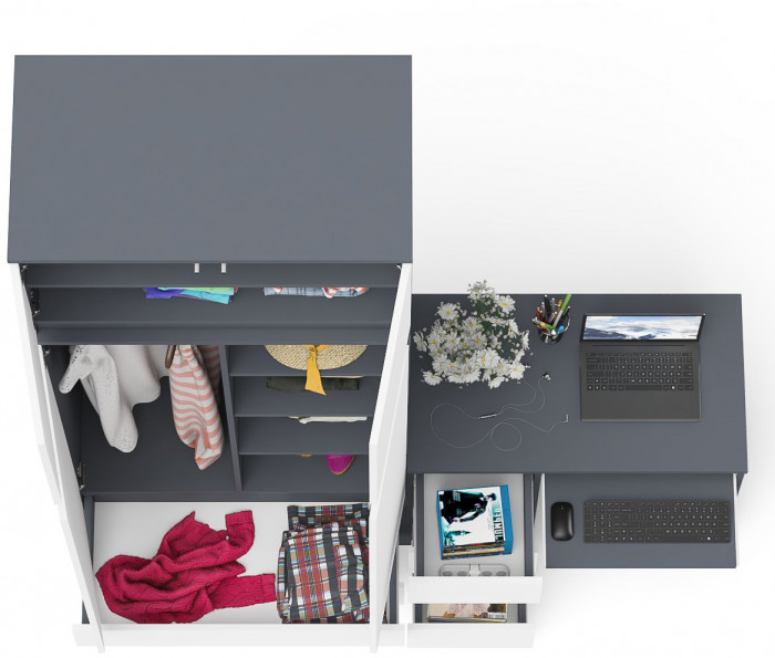 Мори Стол компьютерный МС-6 левый + Шкаф МШ900.1 + Антресоль МА900.1, цвет графит/белый, ШхГхВ 180,4х50,4х234,2 см., выдвиж. ящики слева, НЕ ун. сб.