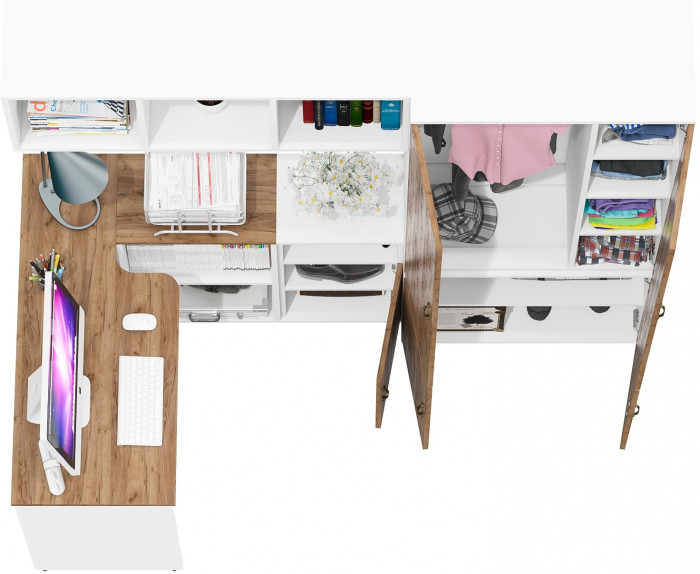 Лидер-8 Стол + Полка + Тумба МД 3.19 + Шкаф МД 20Б, белый шагрень/крафт золото