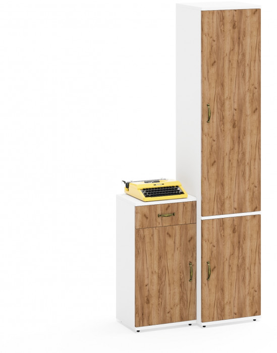 Лидер-8 Пенал МД 22Б + Тумба МД 3.15, цвет белый шагрень/крафт золото, ШхГхВ 80х37,5х190 см., универсальная сборка