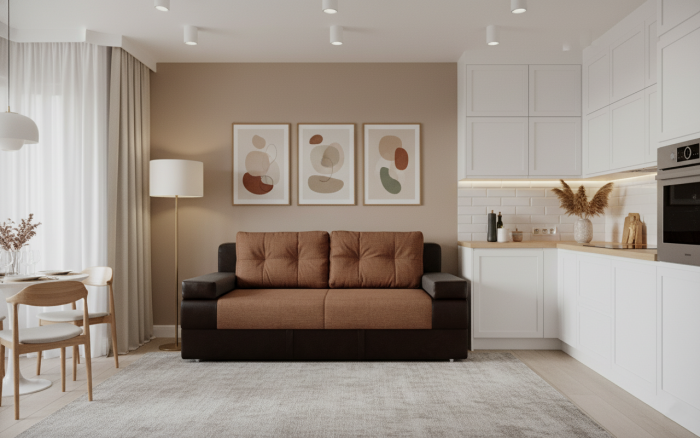 Диван-еврокнижка Амстердам Мини Люкс, 150х195 пружинный блок, рогожка/экокожа, черно-коричневый