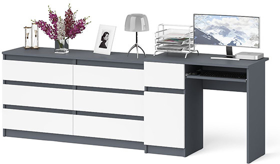 Мори компьютерный стол МС-1 левый + Комод МК1380.6, графит/белый