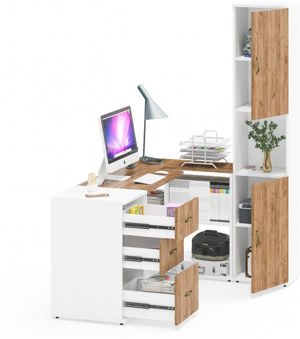 Лидер-8 Стол + Тумба МД 3.16 + Пенал, цвет белый шагрень/крафт золото, ШхГхВ 245х50/30х75/190 см. или 115х50/160х75/190 см., НЕ универсальная сборка