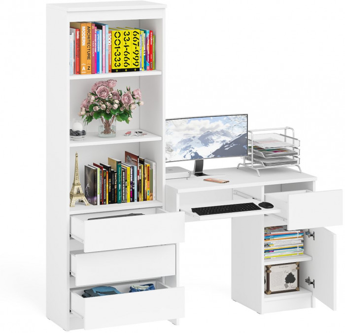 Мори Стол компьютерный МС-1 правый + Стеллаж МСТ600.3, цвет белый, ШхГхВ 150,4х50х179,6 см., выдвижной ящик справа, НЕ универсальная сборка