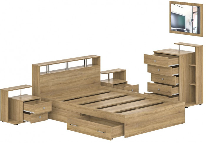 Камелия спальня № 12 Кровать с ящиками 1400 + Две тумбы + Комод + Зеркало, цвет дуб сонома, сп.м. 1400х2000 мм., б/м, основание есть