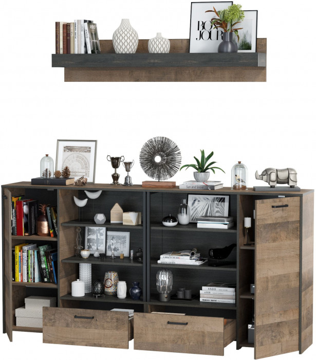 Трувор Гостиная 001, цвет дуб гранж песочный/интра, ШхГхВ 218х36,9х195 см., универсальная сборка