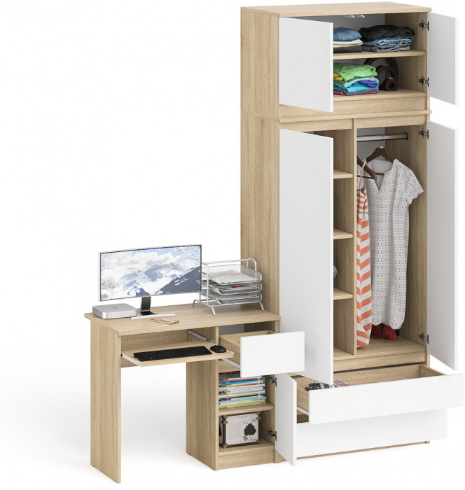 Мори Стол компьютерный МС-1 левый + Шкаф МШ900.1 + Антресоль МА900.1, цвет дуб сонома/белый, ШхГхВ 180,4х50,4х234,2 см., выдвиж. ящ. слева, НЕ ун. сб.