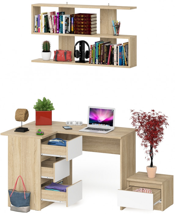 Мори Стол компьютерный МС-16 левый + Тумба ТМП400.1 + Полка 1200, цвет дуб сонома/белый, ШхГхВ 164,8х84,9х209,6 см., НЕ универсальная сборкаа