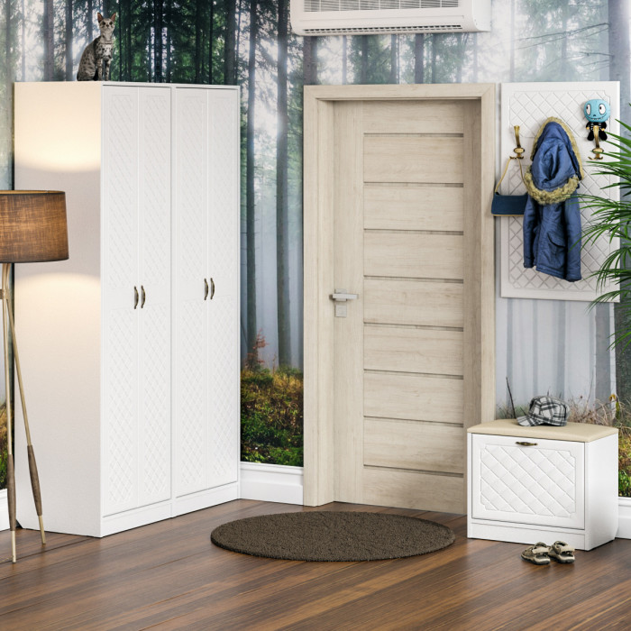 Прихожая П-6 Тумба + Вешалка, белая шагрень/фасады МДФ белое дерево фрезеровка ромб