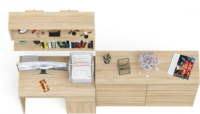 Мори компьютерный стол МС-1 правый + Комод МК1200.8 + Полка 900, дуб сонома