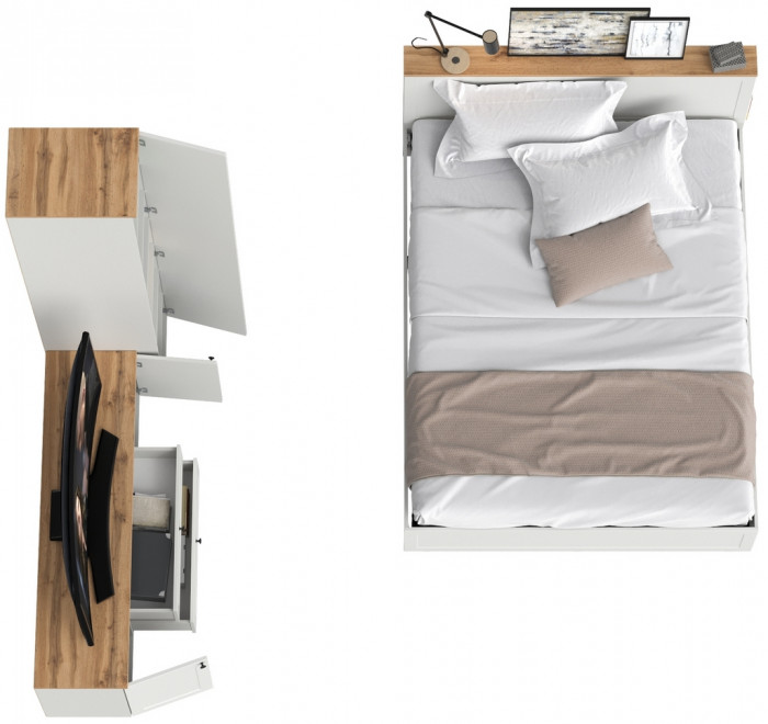 Остин 11.53 Кровать + ортопед + 13.225 Шкаф-пенал + 16.47 Тумба под ТВ, белый шагрень/дуб крафт золотой