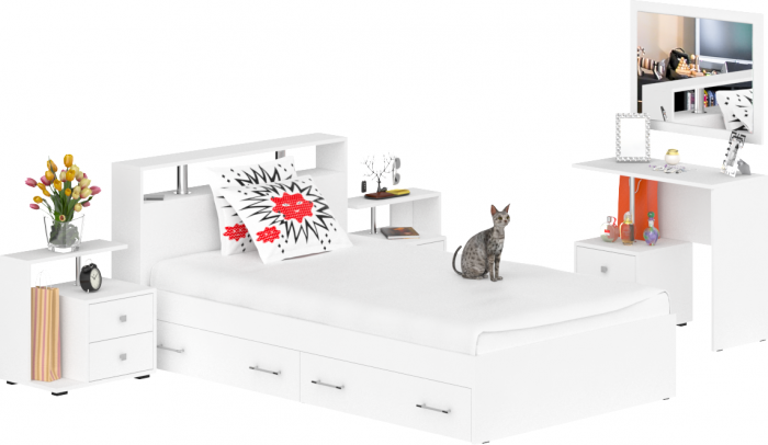 Камелия спальня № 13 Кровать с ящиками 1200 + Две тумбы + Стол косметич. + Зеркало, цвет белый, сп.м. 1200х2000 мм., б/м, основание есть