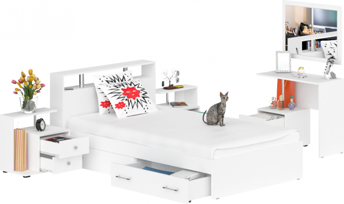 Камелия спальня № 13 Кровать с ящиками 1200 + Две тумбы + Стол косметич. + Зеркало, цвет белый, сп.м. 1200х2000 мм., б/м, основание есть