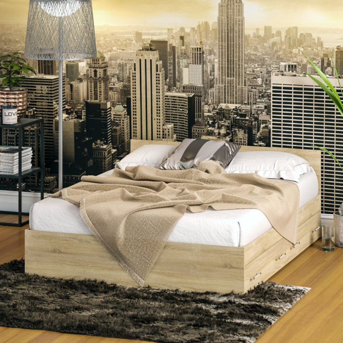 Стандарт Кровать с ящиками 1600, цвет дуб сонома, ШхГхВ 163,5х203,5х70 см., сп.м. 1600х2000 мм., без матраса, основание есть