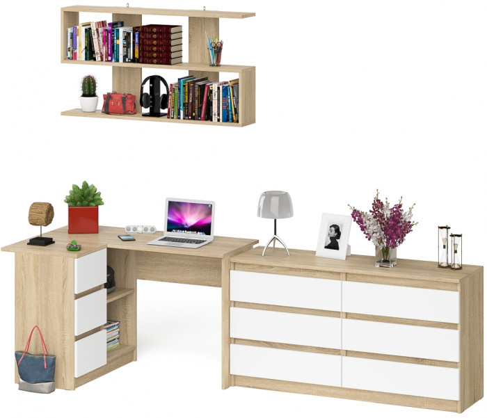 Мори компьютерный стол МС-16 левый + Комод МК1380.6 + Полка 1200, дуб сонома/белый