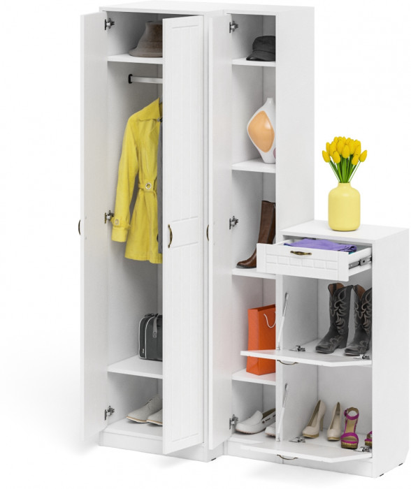 Прихожая П-6 Компоновка № 28, белая шагрень/фасады МДФ белое дерево фрезеровка прованс