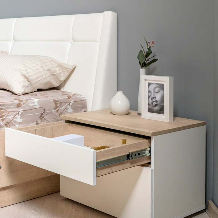 Муссон Кровать 11.41 + ортопед + Тумба 16.03 + Тумба ТВ 13.276, цвет белый/чёрный/дуб эндгрейн элегантный, сп. м. 1600х2000 мм., б/м