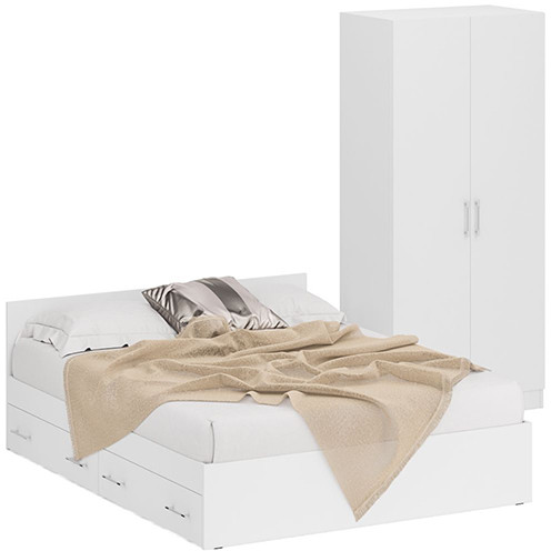 Кровать с ящиками 1600 + Шкаф 2-х створчатый Стандарт, белый