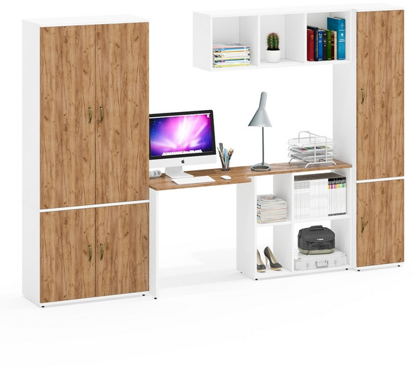 Лидер-8 Шкаф МД 20Б + Стол + Полка + Пенал 22Б, белый шагрень/крафт золото