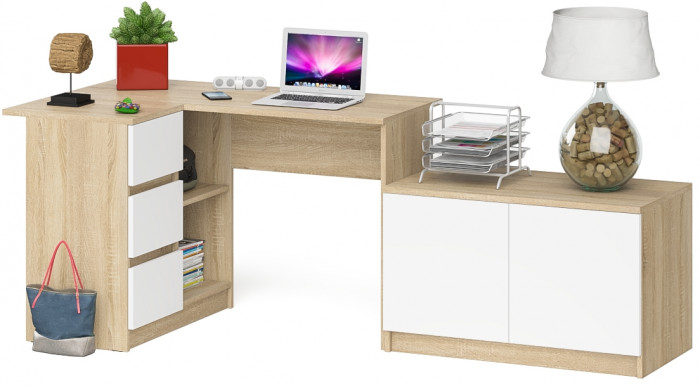 Мори компьютерный стол МС-16 левый + Тумба МА900.1, дуб сонома/белый