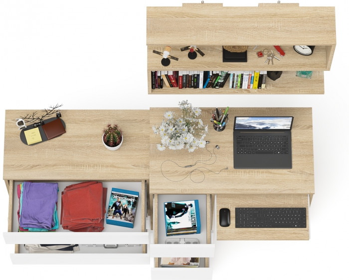 Мори компьютерный стол МС-6 левый + Комод МК800.1 + Полка 900, дуб сонома/белый