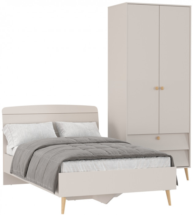 Афина Спальня Кровать 1200 + Шкаф 2-х дверный, цвет кашемир серый, ШхГхВ 123,6х210,2х95,7 + 90,3х56,3х220 см., сп.м. 1200х2000 мм., б/м, осн. есть