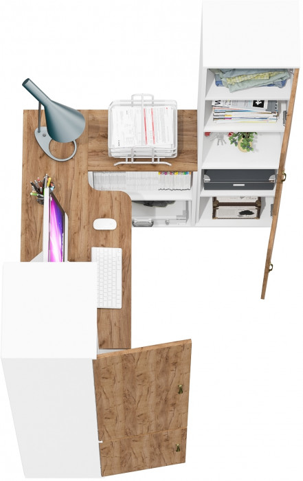 Лидер-8 Пенал МД 21Б + Стол + Пенал, цвет белый шагрень/крафт золото, ШхГхВ 245х50/37,5х75/190 или 155х120/50х75/190 см., НЕ универсальная сборка