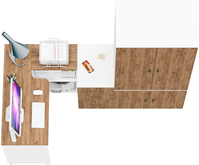 Лидер-8 Стол + Тумба МД 3.16 + Шкаф МД 19Б, цвет белый шагрень/крафт золото, ШхГхВ 285х50/50х75/190 или 115х200/50х75/190 см., НЕ ун. сборка