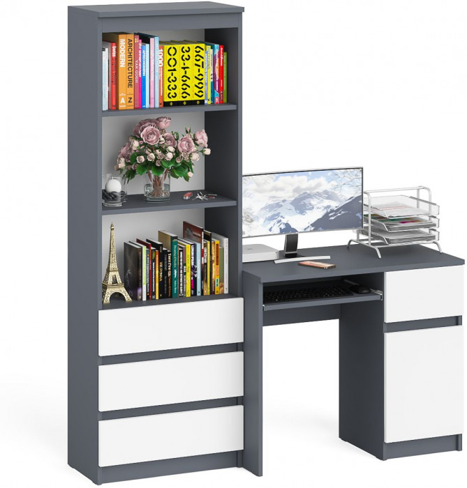 Мори Стол компьютерный МС-1 правый + Стеллаж МСТ600.3, цвет графит/белый, ШхГхВ 150,4х50х179,6 см., выдвижной ящик справа, НЕ универсальная сборка