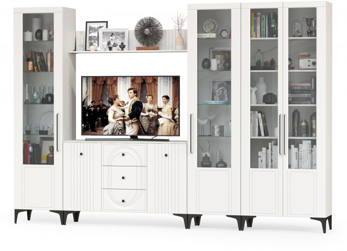 Валенсия Гостиная № 106, цвет ЛДСП белый шагрень/МДФ белый шагрень, ШхГхВ 327,3х38,4х225,2 см., ниша для ТВ 133х38х100 см., универсальная сборка