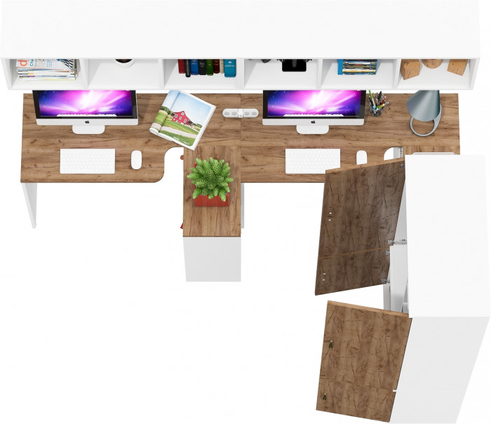 Лидер-8 Стол + Полка + Стол + Полка + Шкаф МД 20Б, белый шагрень/крафт золото