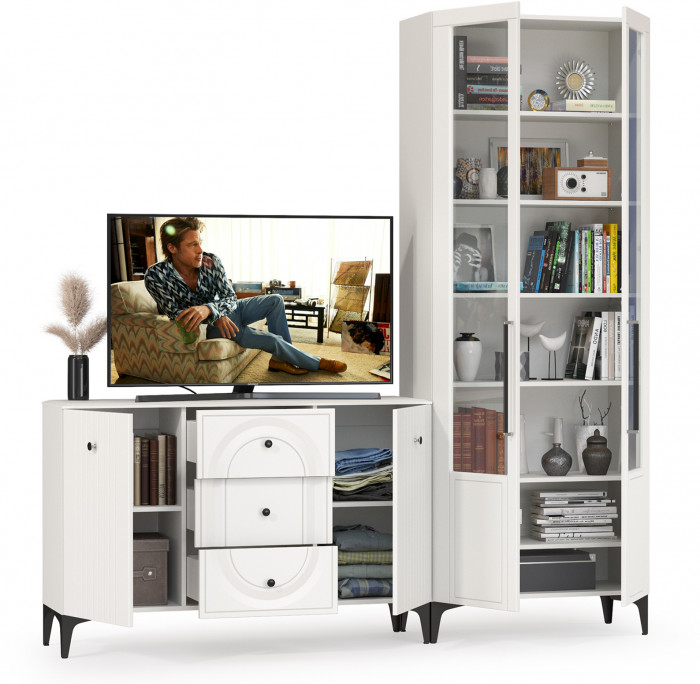 Валенсия Гостиная № 095, цвет ЛДСП белый шагрень/МДФ белый шагрень, ШхГхВ 217,3х38,4х225,2 см., универсальная сборка