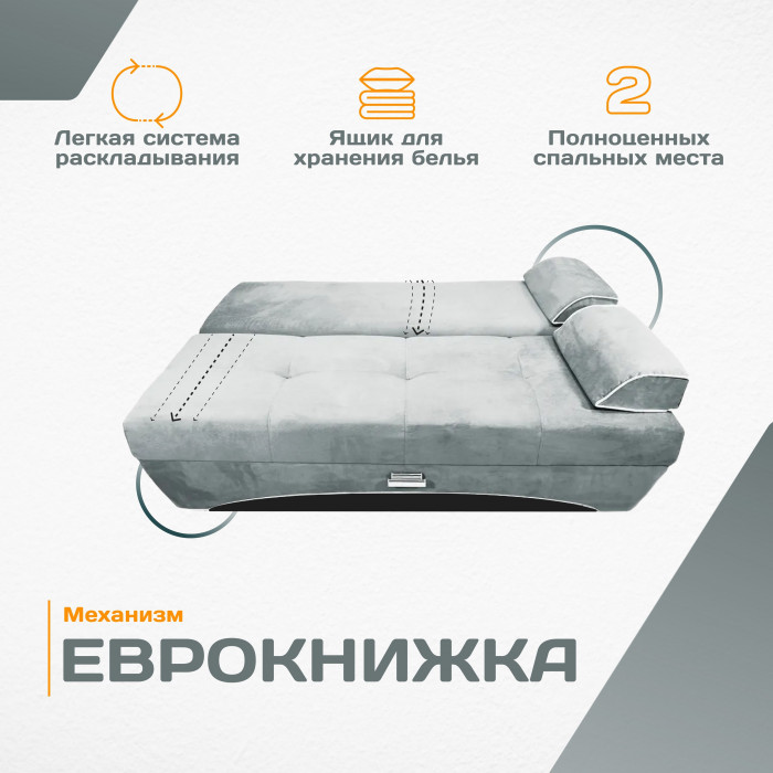 Диван-кровать раскладной еврокнижка прямой Валенсия велюр, цвет серый