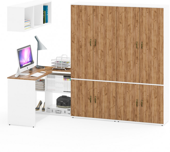 Лидер-8 Стол + Полка + Шкаф МД 20Б + Шкаф МД 20Б, белый шагрень/крафт золото