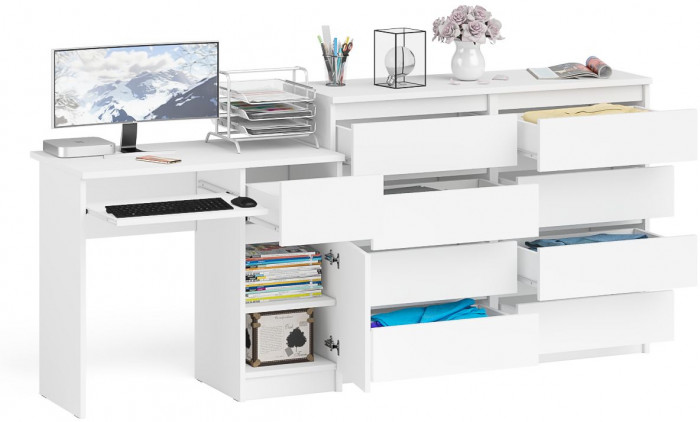 Мори компьютерный стол МС-1 правый + Комод МК1200.8, белый