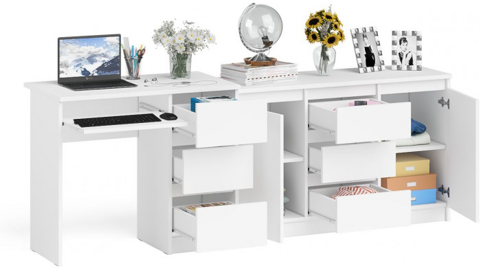 Мори компьютерный стол МС-6 правый + Комод МК1200.3, белый