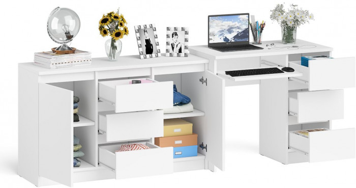 Мори компьютерный стол МС-6 правый + Комод МК1200.3, белый