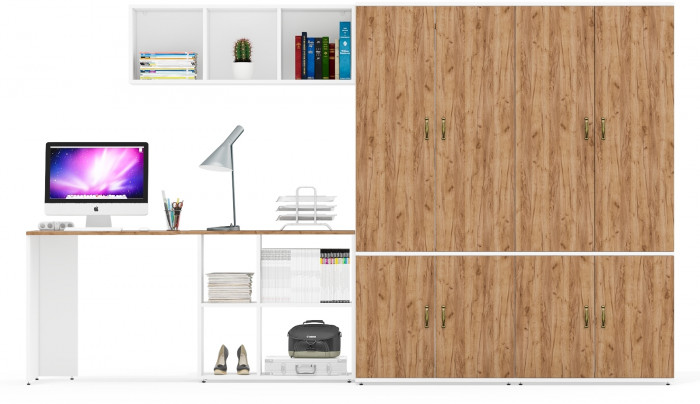 Лидер-8 Стол + Полка + Шкаф МД 19Б + Шкаф МД 19Б, цвет белый шагрень/крафт золото, ШхГхВ 325х50х75/190 или 240х115/50х75/190 см., НЕ ун. сборка