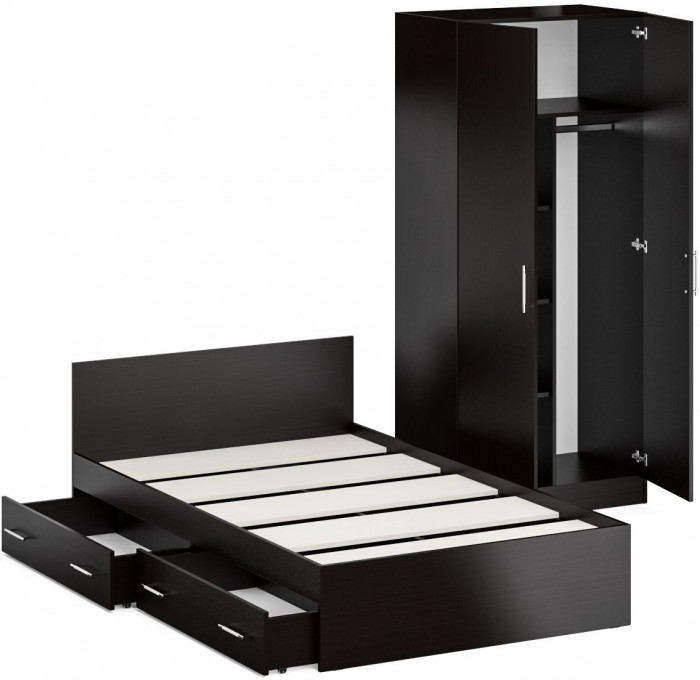 Кровать с ящиками 1200 + Шкаф 2-х створчатый Стандарт, венге