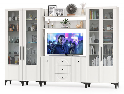 Валенсия Гостиная № 107, цвет ЛДСП белый шагрень/МДФ белый шагрень, ШхГхВ 327,3х38,4х225,2 см., ниша для ТВ 133х38х90 см., универсальная сборка