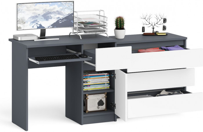 Мори Стол компьютерный МС-1 правый + Комод МК800.1, цвет графит/белый, ШхГхВ 170,4х50х76,6 см., выдвижной ящик справа, НЕ универсальная сборка
