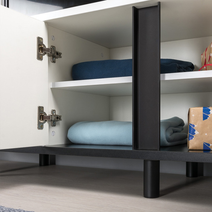 Муссон Кровать 11.41 + ортопед + Тумба под ТВ Квадро 13.276, цвет белый/чёрный/дуб эндгрейн элегантный, сп. м. 1600х2000 мм., б/м