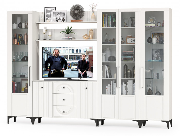 Валенсия Гостиная № 108, цвет ЛДСП белый шагрень/МДФ белый шагрень, ШхГхВ 327,3х38,4х225,2 см., ниша для ТВ 133х38х90 см., универсальная сборка