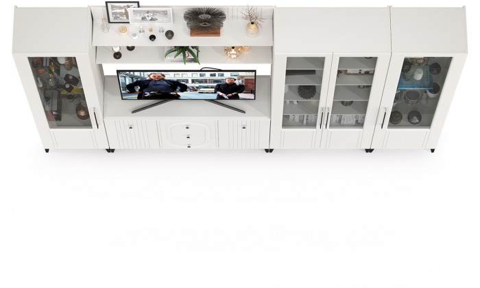 Валенсия Гостиная № 108, цвет ЛДСП белый шагрень/МДФ белый шагрень, ШхГхВ 327,3х38,4х225,2 см., ниша для ТВ 133х38х90 см., универсальная сборка