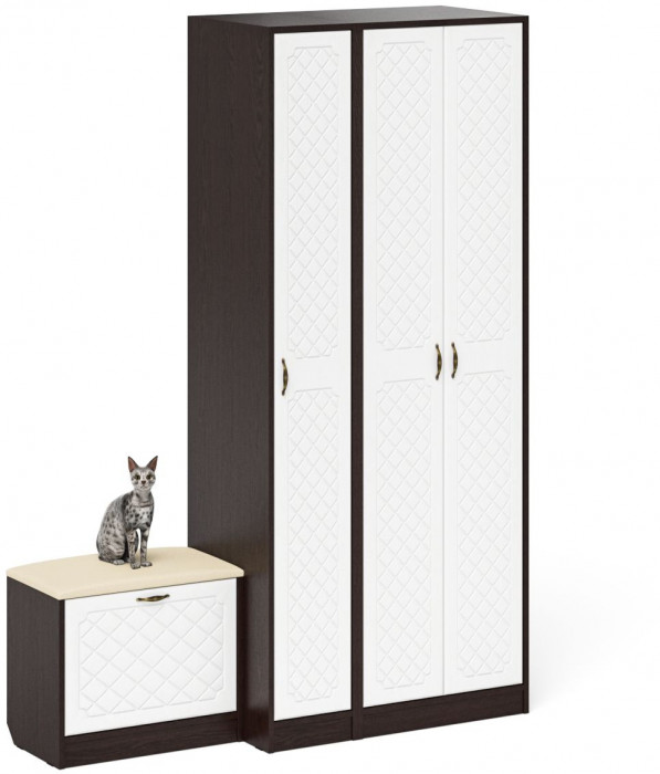 Прихожая П-6 Компоновка № 45, цвет венге/фасады МДФ белое дерево фрезеровка ромб, ШхГхВ 150х50х210 см., универсальная сборка