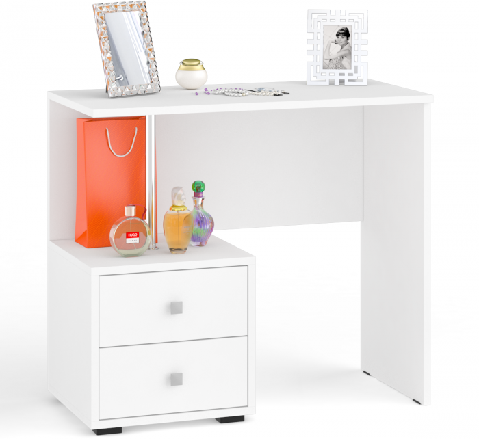 Камелия спальня № 14 Кровать с ящиками 900 + Стол косметический + Зеркало + Комод, цвет белый, сп.м. 900х2000 мм., б/м, основание есть