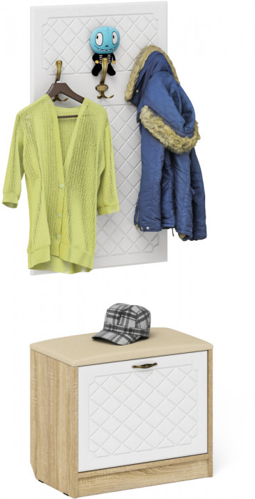 Прихожая П-6 Тумба + Вешалка, дуб сонома/фасады МДФ белое дерево фрезеровка ромб