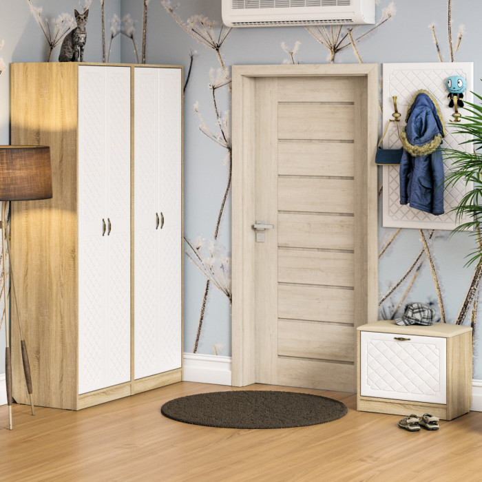 Прихожая П-6 Тумба + Вешалка, дуб сонома/фасады МДФ белое дерево фрезеровка ромб