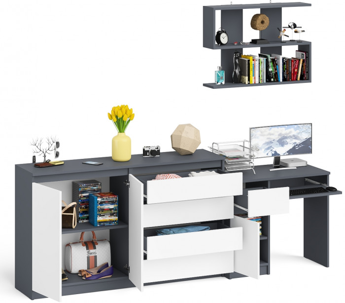 Мори компьютерный стол МС-1 левый + Комод МК1600.1 + Полка 900, графит/белый