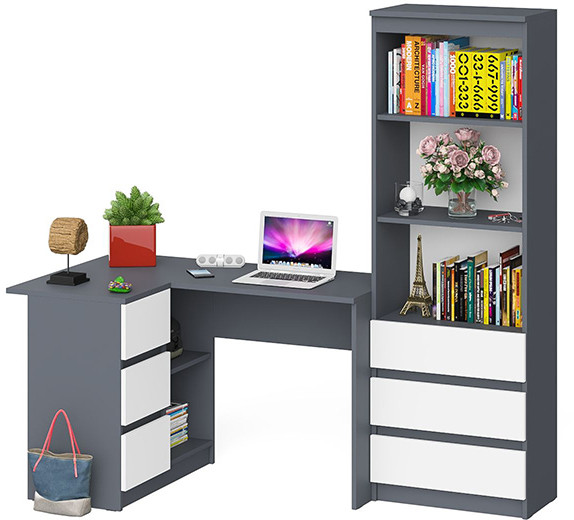 Мори Стол компьютерный МС-16 левый + Стеллаж МСТ600.3, цвет графит/белый, ШхГхВ 184,8х84,9х179,6 см., выдвижные ящики слева, НЕ универсальная сборка